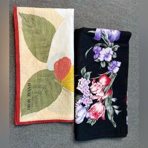 Set Of 2 Hanae Mori Black Multicolor Floral & Cream Tan Handkerchiefs/Bandana